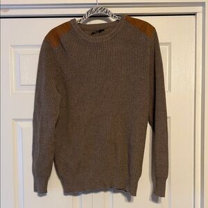 J. Crew Men's Taupe Crewneck Sweater with Brown Leather Accents
